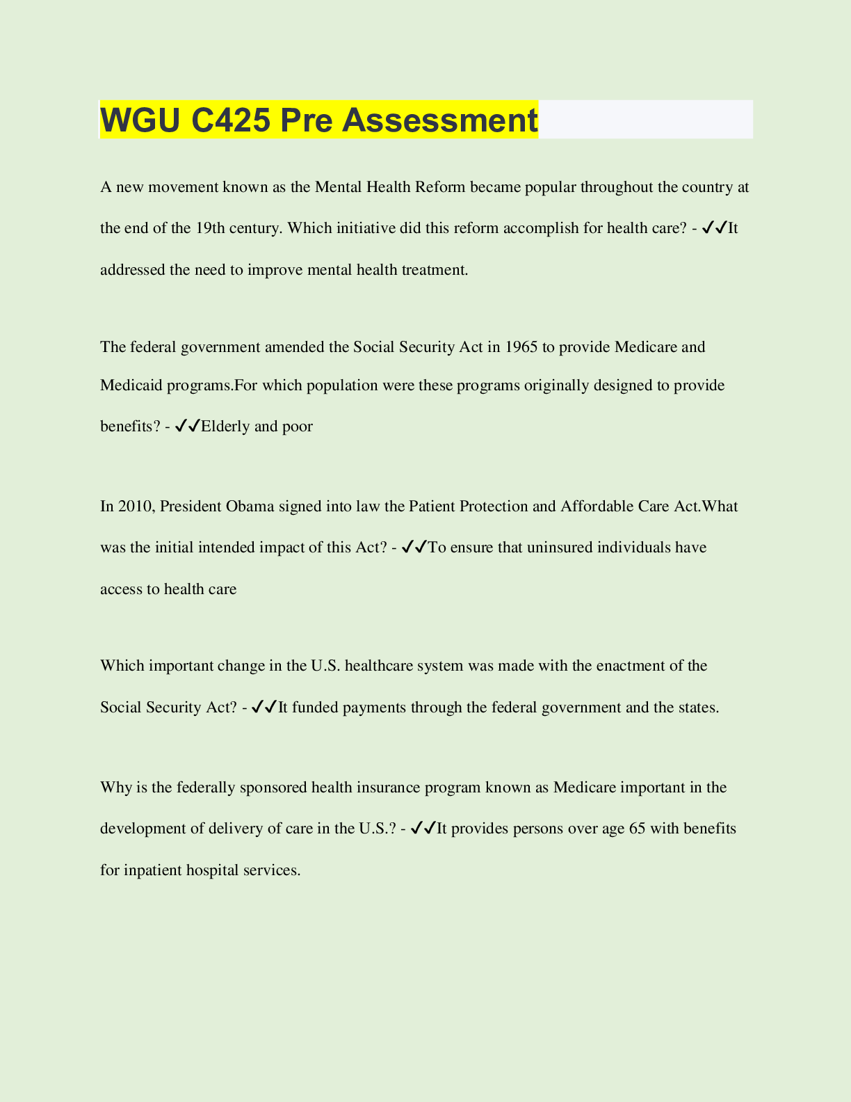 Preview of WGU C425 Pre Assessment | 60 Questions with 100% Correct Answers | Verified | Latest Updat